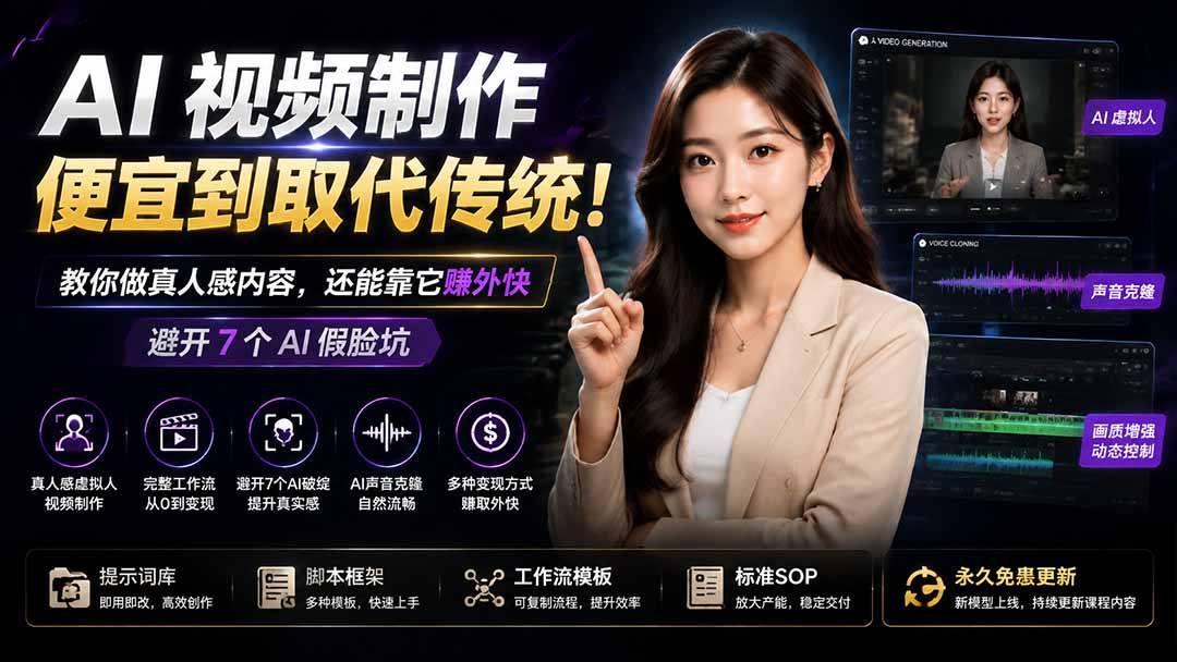 (图1) <a href="https://www.zdlhp.com/remen/9257.html" title="闲鱼" target="_blank">闲鱼</a>引流-AI虚拟人全栈课程封面图:高清虚拟主播出镜+多平台界面叠加,突出专业感与科技感