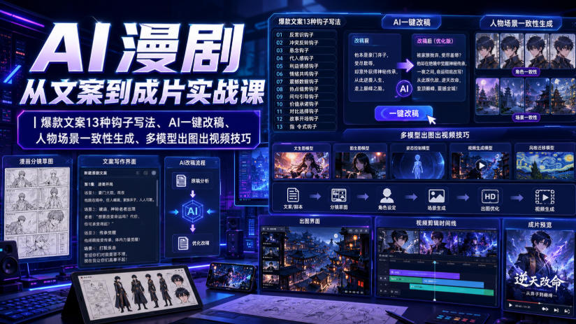 (图1) <a href="https://www.zdlhp.com/remen/9257.html" title="闲鱼" target="_blank">闲鱼</a>引流-AI漫剧实战课封面图:展示13种爆款开头钩子与即梦+Sora双模型协同工作界面