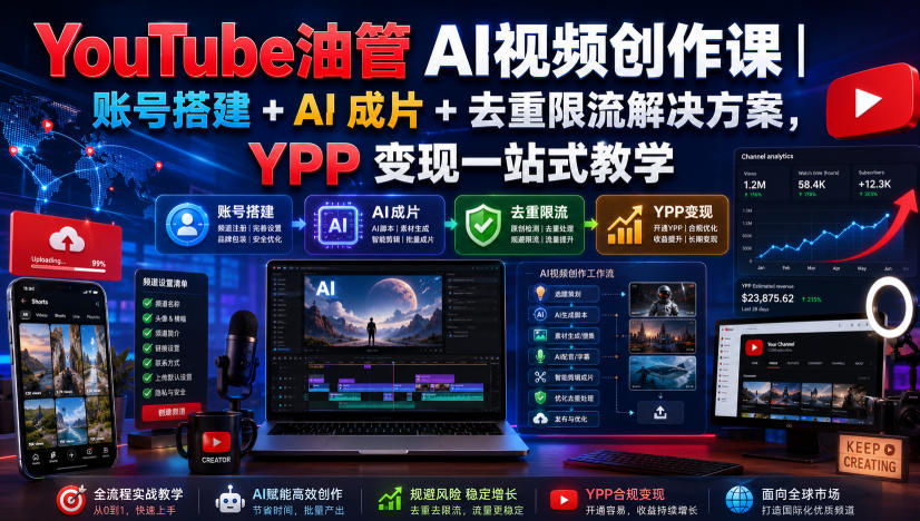 (图1) <a href="https://www.zdlhp.com/remen/9257.html" title="闲鱼" target="_blank">闲鱼</a>引流-YouTube AI视频创作课封面图:AI生成人物与剪映界面叠加展示,突出账号搭建与YPP变现主题