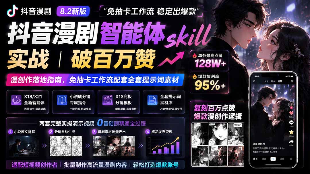 (图1) <a href="https://www.zdlhp.com/remen/9257.html" title="闲鱼" target="_blank">闲鱼</a>引流-抖音漫剧智能体工具包主界面展示含X18/X21双引擎标识与分镜流程图解