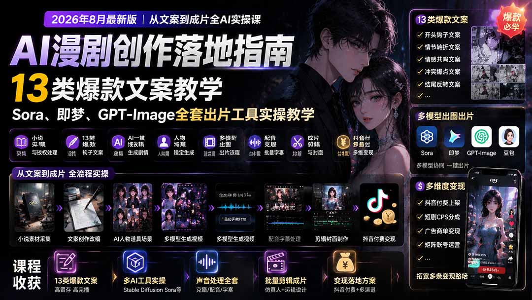 <a href="https://www.zdlhp.com/remen/9257.html" title="闲鱼" target="_blank">闲鱼</a>引流-AI漫剧课程封面图：2026年全新升级版，涵盖文案生成、AI绘图、声音克隆与<a href="https://www.zdlhp.com/douyinkecheng246" title="抖音" target="_blank">抖音</a>付费变现全流程