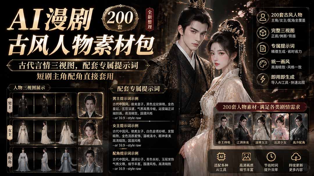 0成本获取200套古风言情三视图素材包，