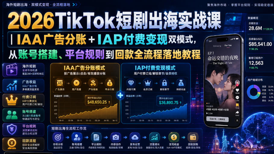 0成本启动TikTok短剧出海！3步搞定账号搭建、IAA/IAP双变现与回款全流程