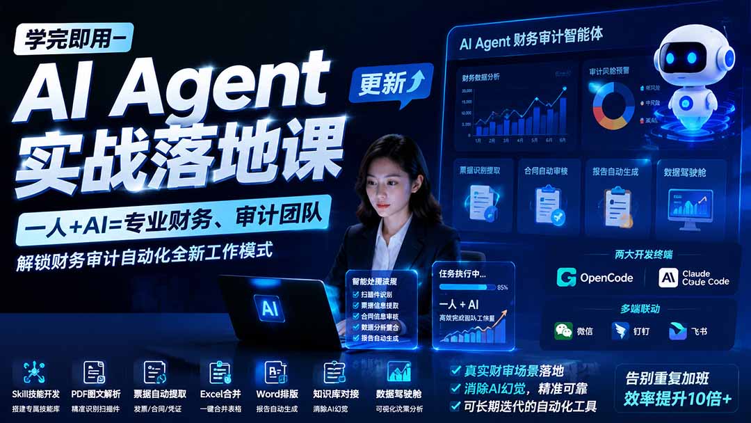 (图1) <a href="https://www.zdlhp.com/remen/9257.html" title="闲鱼" target="_blank">闲鱼</a>引流-AI财务审计智能体实战课程封面图,展示OpenCode界面与审计流程可视化图表