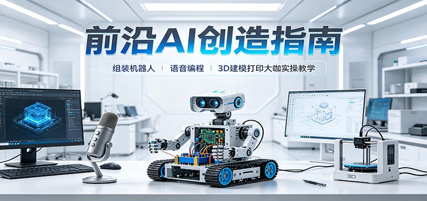 (图1) <a href="https://www.zdlhp.com/remen/9257.html" title="闲鱼" target="_blank">闲鱼</a>引流-零基础AI科创课程封面图:青少年手持自组机器人与3D打印模型,背景含语音编程界面和AI交互示意图