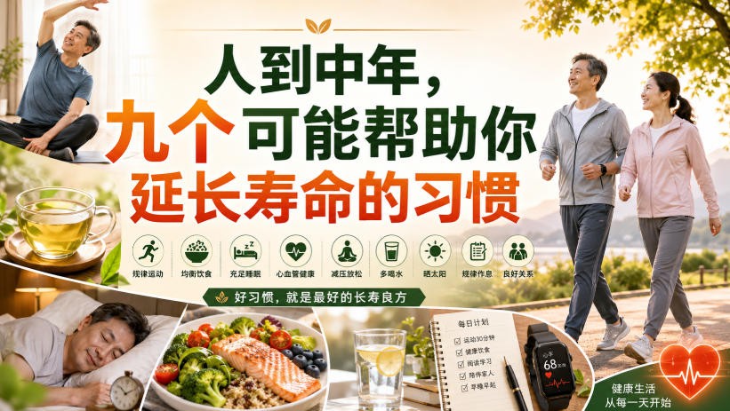 (图1) <a href="https://www.zdlhp.com/remen/9257.html" title="闲鱼" target="_blank">闲鱼</a>引流-中年健康干预示意图:展示40-60岁人群通过运动、饮食、睡眠等九大习惯延缓生物年龄