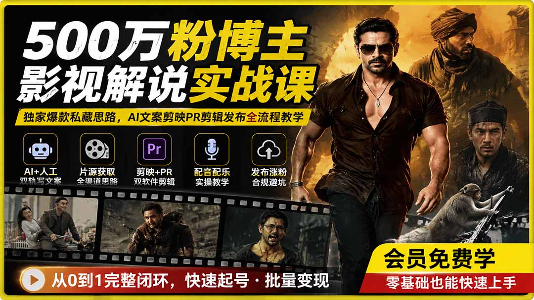 (图1) <a href="https://www.zdlhp.com/remen/9257.html" title="闲鱼" target="_blank">闲鱼</a>引流-500万粉电影解说博主实战课封面图,含课程名称与主讲人标识