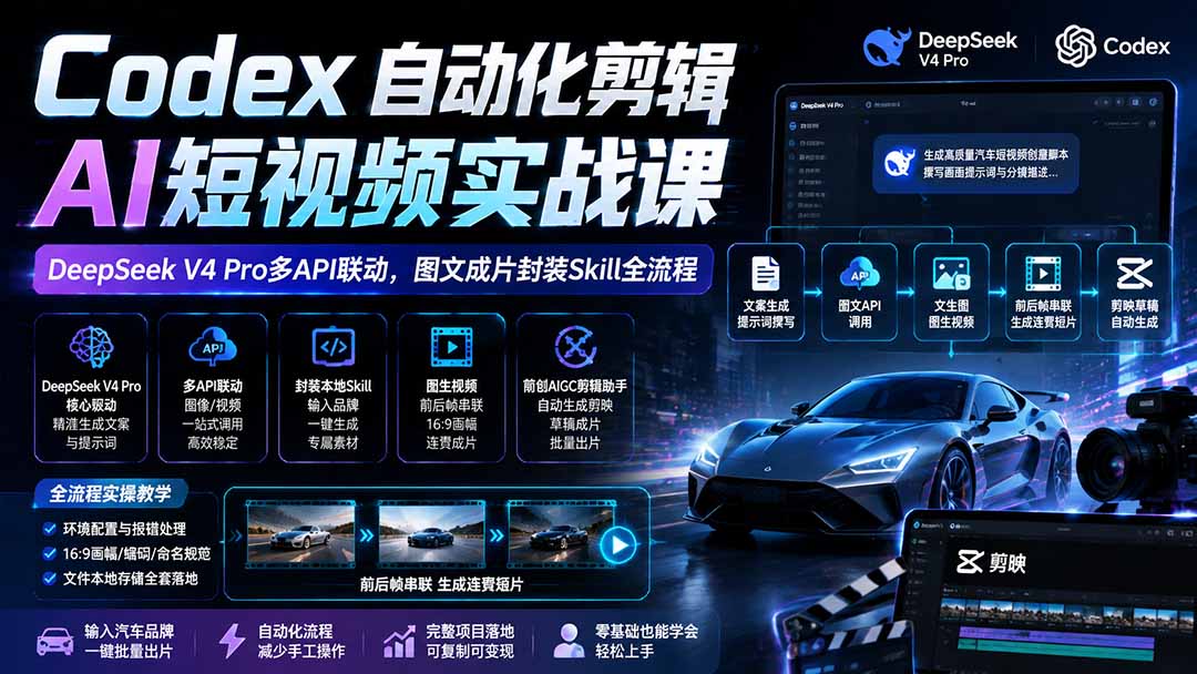 (图2) 闲鱼引流-汽车短视频AI自动化流程图解,含DeepSeek提示词生成、CDS1.5Pro绘图、图生视频链路与剪映草稿输出节点