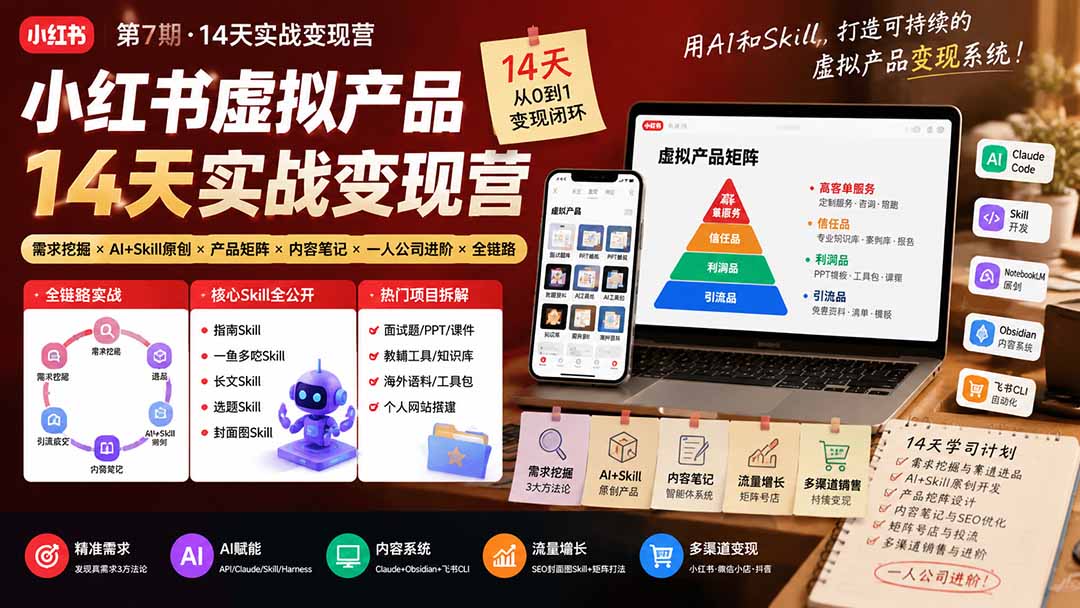 小红书虚拟产品0成本变现营：7天掌握需求挖掘、AI创作与内容矩阵搭建，新手也能上手！