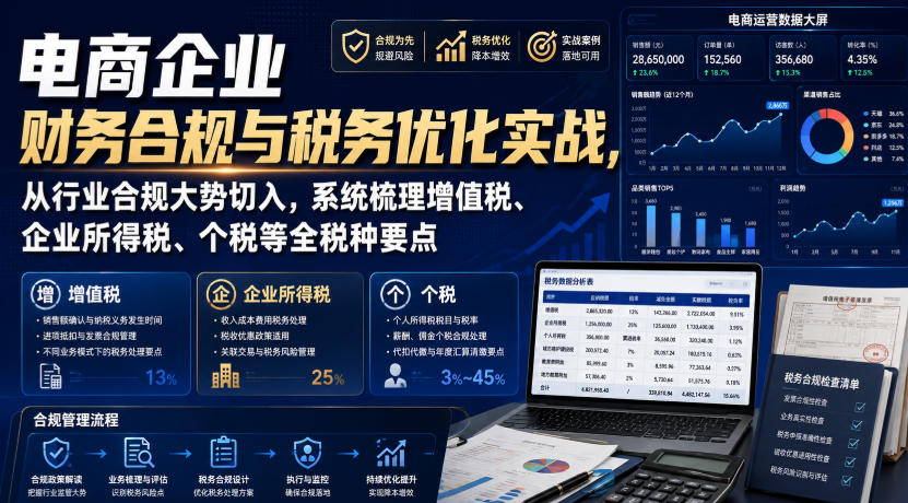 0成本掌握电商财税合规要点！3步搞定增值税、企业所得税与个税优化，新手也能快速落地变现