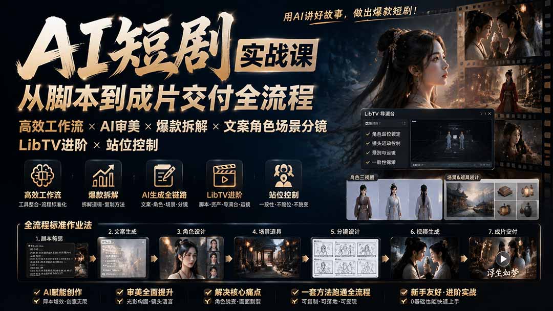 (图2) 闲鱼引流-AI漫剧制作界面实拍图:LibTV导演台与角色表版协同操作场景展示