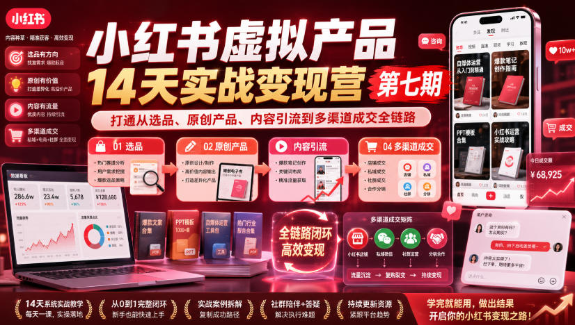 小红书虚拟产品0成本变现营：7天掌握选品、内容引流与多渠道成交全流程！