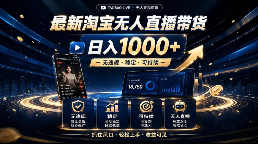 0成本启动淘宝无人直播带货，3步实现日入1000+稳定引流变现！