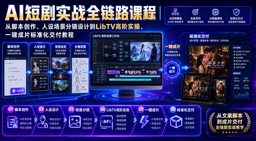 (图1) <a href="https://www.zdlhp.com/remen/9257.html" title="闲鱼" target="_blank">闲鱼</a>引流-AI短剧全链路课程封面图:LibTV界面与多角色分镜示意图,突出标准化工作流教学主题