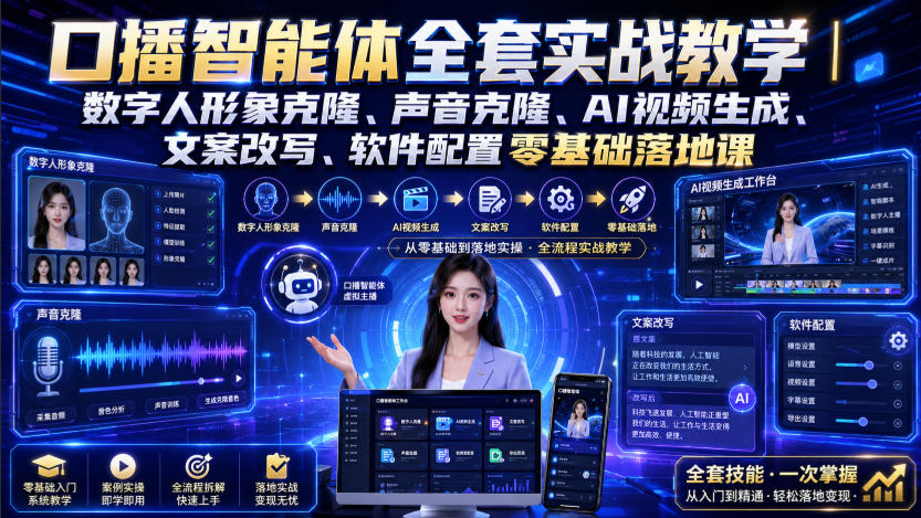 (图1) 闲鱼引流-AI口播智能体实战教学封面图:数字人形象克隆与声音复刻全流程演示