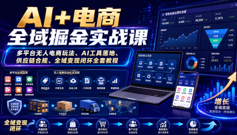 闲鱼引流-<a href="https://www.zdlhp.com/yidongkaifa/" title="AI电商" target="_blank">AI电商</a>实战课封面图：展示抖音视频号拼多多三平台界面叠加与Claude Code工具操作界面