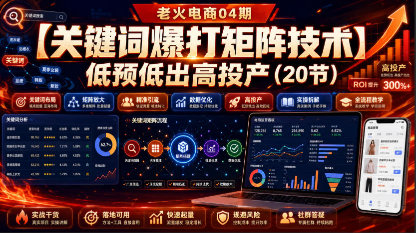 (图1) <a href="https://www.zdlhp.com/remen/9257.html" title="闲鱼" target="_blank">闲鱼</a>引流-老火电商04期关键词爆打矩阵课程封面图,展示低预算高投产全域投放体系全貌