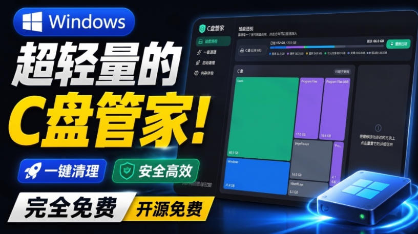 <a href="https://www.zdlhp.com/remen/9257.html" title="闲鱼" target="_blank">闲鱼</a>引流-C盘管家主界面展示：简洁深色主题，实时显示C盘占用率与四大功能入口