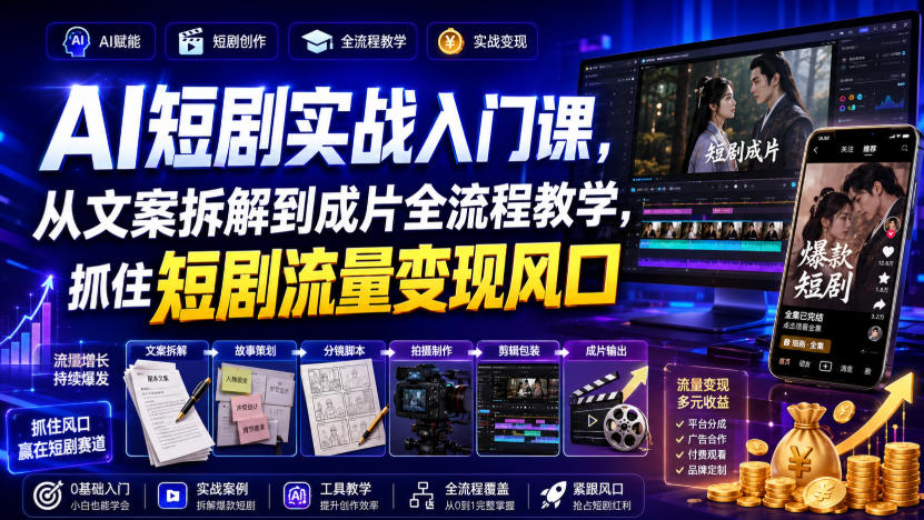 (图1) <a href="https://www.zdlhp.com/remen/9257.html" title="闲鱼" target="_blank">闲鱼</a>引流-AI短剧实战训练营课程封面图:展示爆款短剧分镜脚本与小云雀工具界面