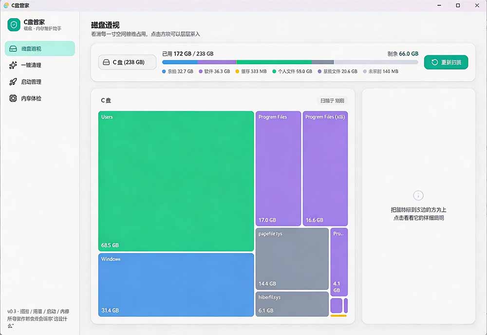 (图3) 闲鱼引流-C盘管家磁盘透视功能界面,环形图直观显示C盘各类型文件占比,Windows磁盘分析工具高清截图