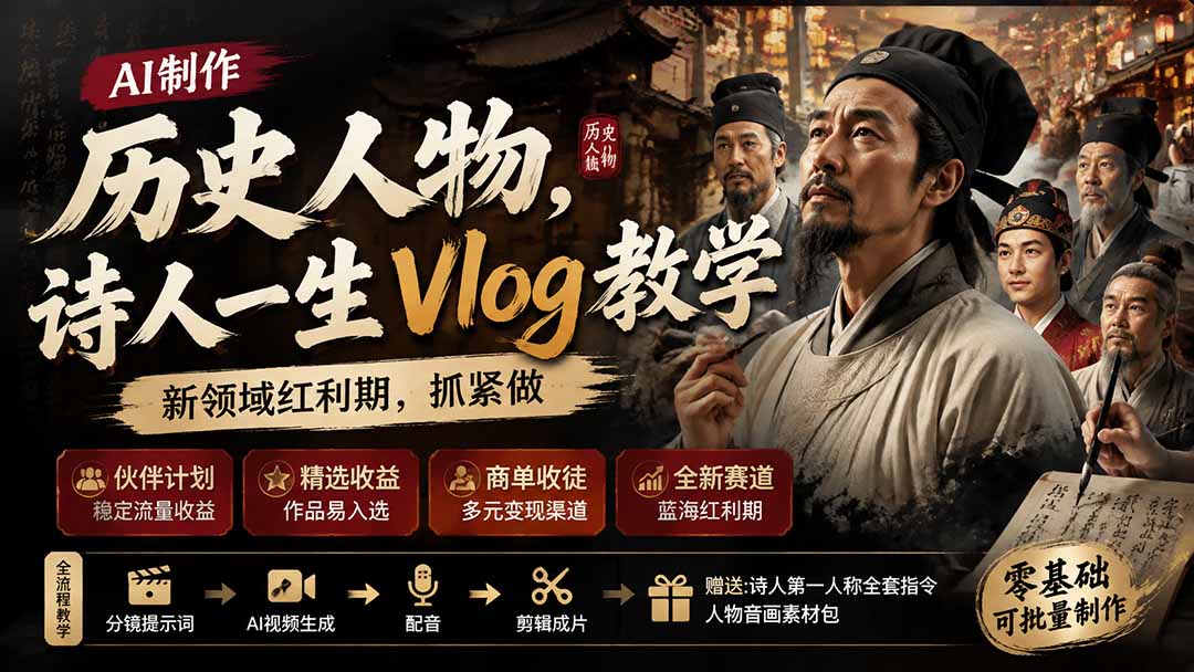 闲鱼引流-AI历史Vlog课程主视觉图展示唐宋诗人AI动态影像与分镜脚本界面