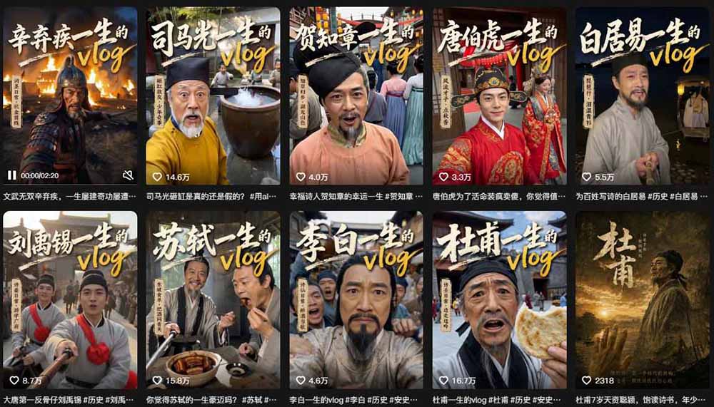 闲鱼引流-AI历史Vlog课程资源包截图：包含分镜提示词文档、诗人音色文件、AI生成成品样片