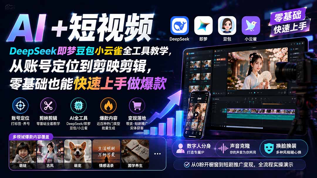 闲鱼引流-AI短<a href="https://www.zdlhp.com/shipinkecheng" title="视频课程" target="_blank">视频课程</a>主视觉封面图：剪映界面与数字人分身同框展示
