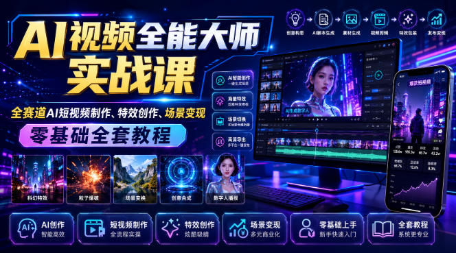 闲鱼引流-AI视频全能大师课程封面图：科技蓝主色调界面展示13个AI视频创作模块图标