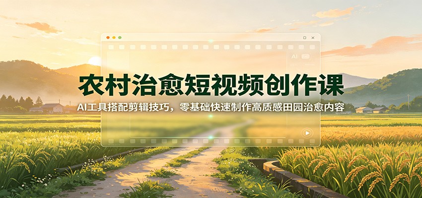<a href="https://www.zdlhp.com/remen/9257.html" title="闲鱼" target="_blank">闲鱼</a>引流-农村治愈短视频AI制作课程封面图：田园风光+AI工具界面组合，突出即梦与豆包双平台实操