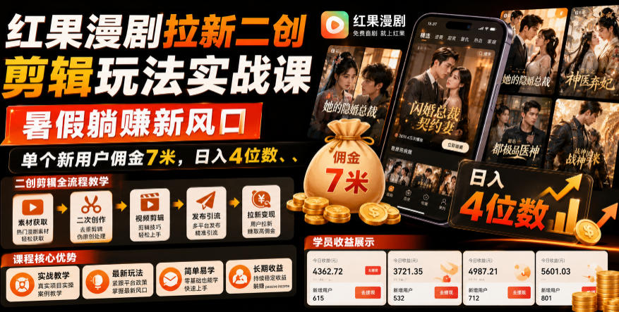 (图1) 闲鱼引流-红果漫剧拉新二创剪辑实战课封面图,展示暑期副业变现路径与7元单客佣金收益示意