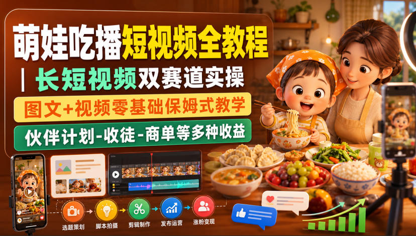 0成本启动萌娃吃播短视频！3步搞定长短视频双赛道引流，图文视频全拆解，覆盖收徒商单等多元变现路径