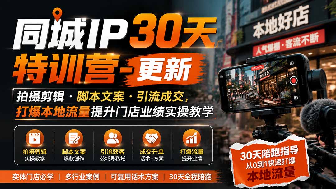 (图2) 闲鱼引流-同城IP训练营学员成果数据看板,展示30天内单店短视频曝光量增长327%、到店客流提升59%、客单价上升23%