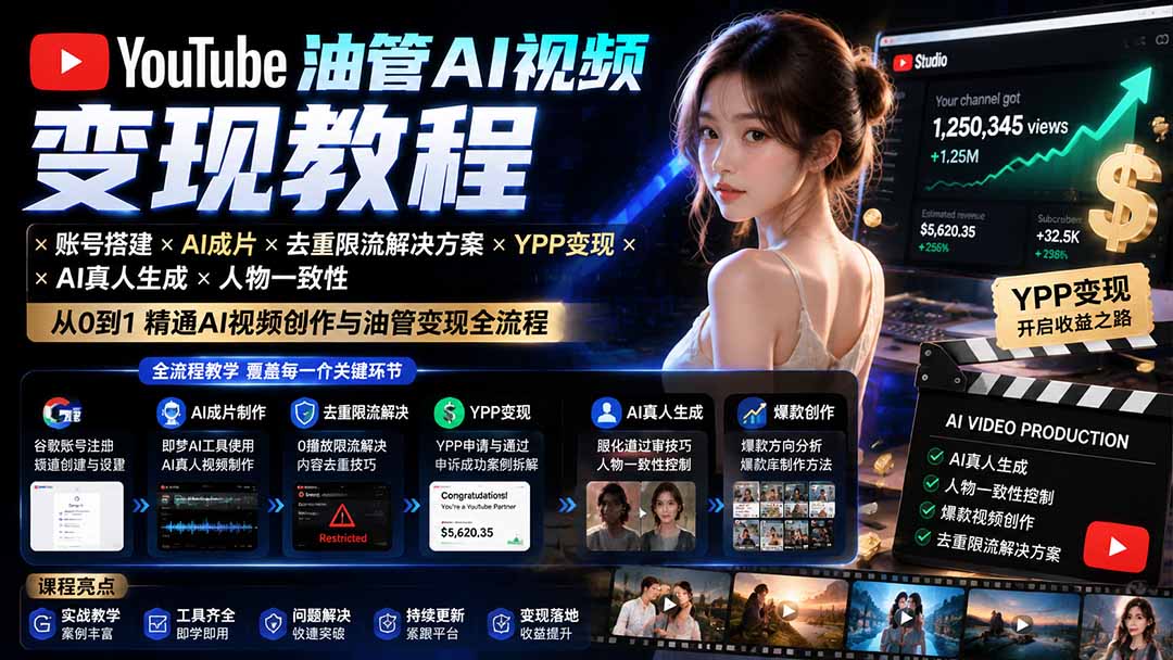 0成本启动！YouTube AI视频变现全流程：账号搭建、智能成片、去重避限、YPP开通与真人形象一致性实现