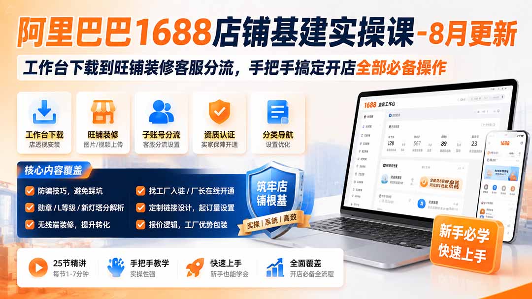 (图1) <a href="https://www.zdlhp.com/remen/9257.html" title="闲鱼" target="_blank">闲鱼</a>引流-1688店铺基建课程首屏展示图:工作台与店透视安装操作界面截图