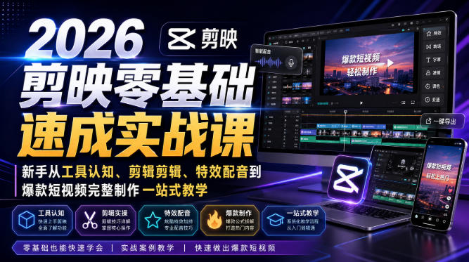 0成本入门！3步搞定剪映全流程，新手7天学会爆款短视频制作与精准引流