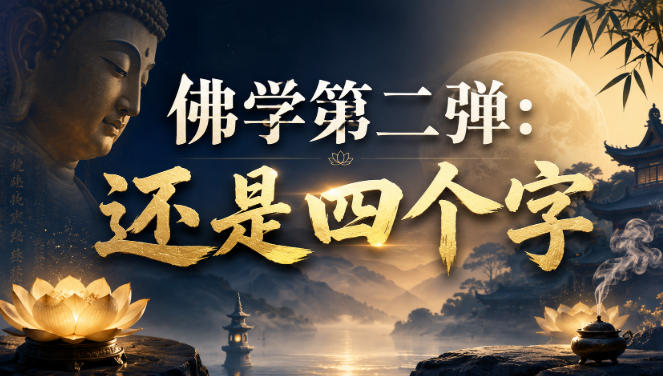 <a href="https://www.zdlhp.com/remen/9257.html" title="闲鱼" target="_blank">闲鱼</a>引流-佛学精要第二讲封面图：水墨风格四字禅语书法作品，背景淡雅云纹，体现简约深邃的东方智慧