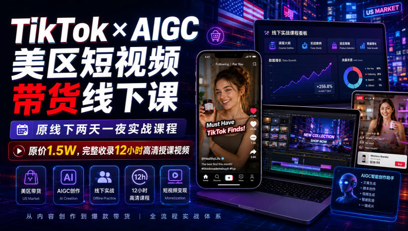 0成本获取TikTok美区短视频带货实战课！12小时高清录播+AI工具引流技巧，新手7天快速上手变现！