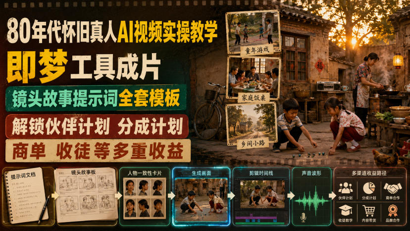 0成本上手！用即梦AI生成80年代怀旧真人视频，3步搞定镜头叙事+提示词模板，新手7天引流变现！