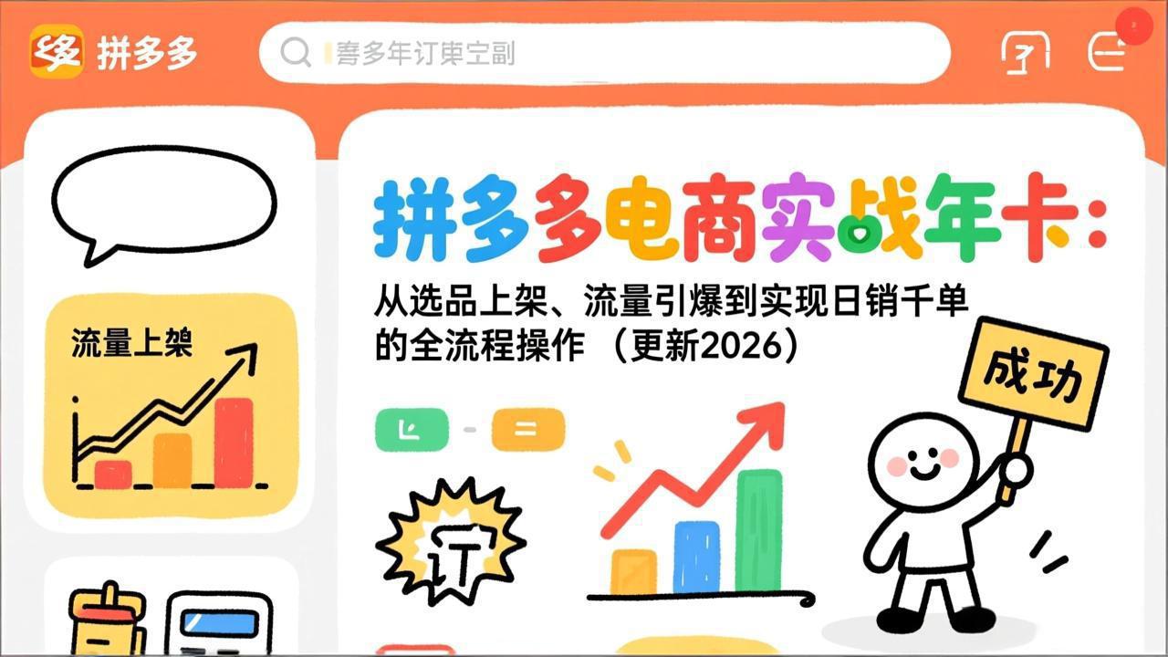 0成本启动！拼多多电商全流程实战课：3步搞定选品上架、流量引爆与日销千单变现（2026年8月更新）