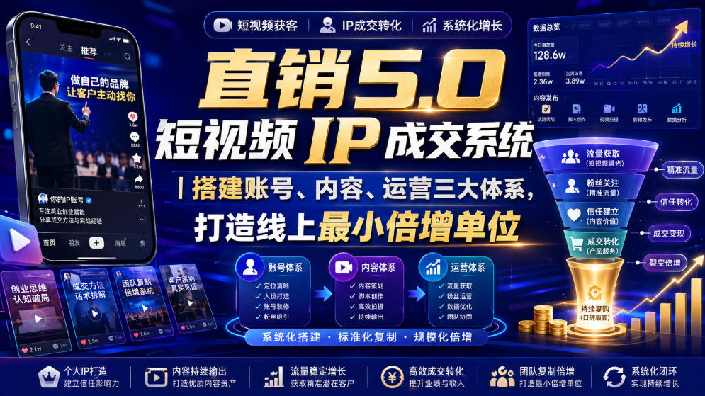 0成本启动短视频IP成交系统！3步搭建账号、内容与运营体系，实现精准引流与高效变现