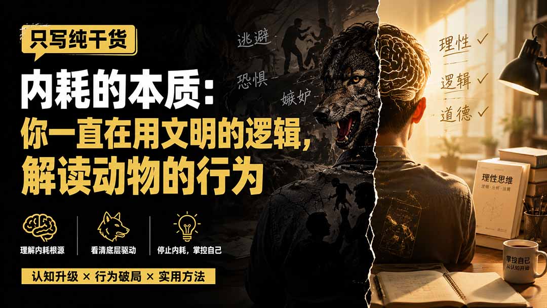 (图1) <a href="https://www.zdlhp.com/remen/9257.html" title="闲鱼" target="_blank">闲鱼</a>引流-揭示人类行为动物性本质的心理学课程封面图,展现生存本能与社会规则的张力