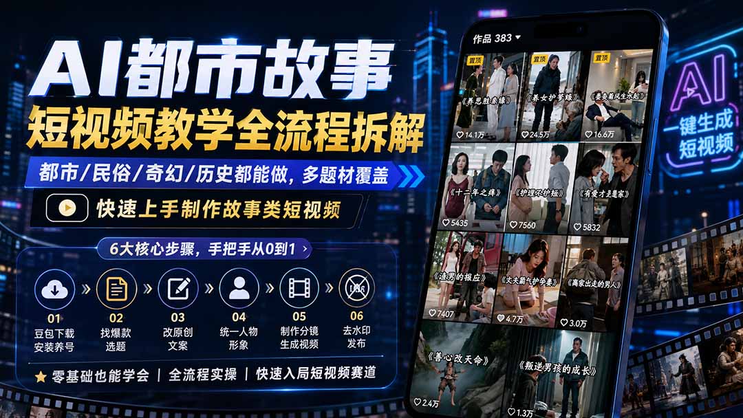 <a href="https://www.zdlhp.com/remen/9257.html" title="闲鱼" target="_blank">闲鱼</a>引流-AI都市故事短<a href="https://www.zdlhp.com/shipinkecheng" title="视频课程" target="_blank">视频课程</a>封面图：豆包AI工具界面与都市夜景分镜拼贴设计